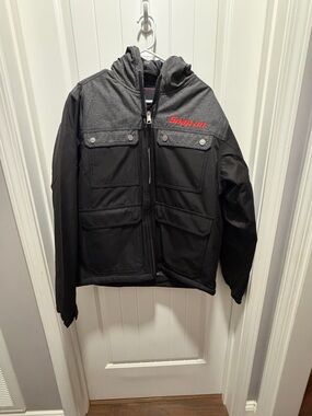 Snap-on Black and Red Work Jacket with Hood